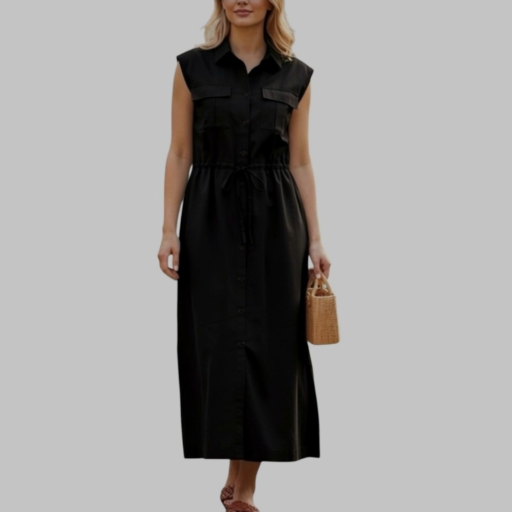 Old Navy Black Button Up Midi Dress Size L Cinched Tie Waist Pockets Minimalist